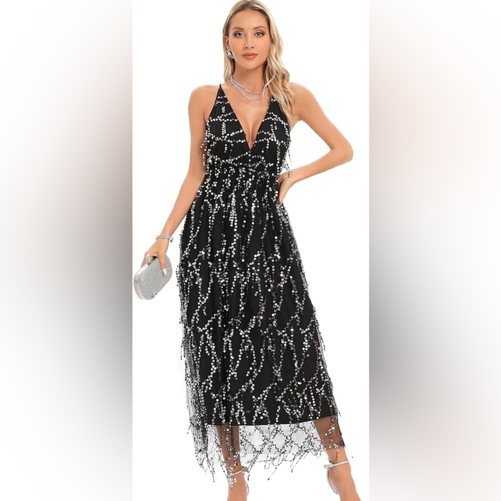 Aigeman Sequin Deep V Neck Backless Dress
